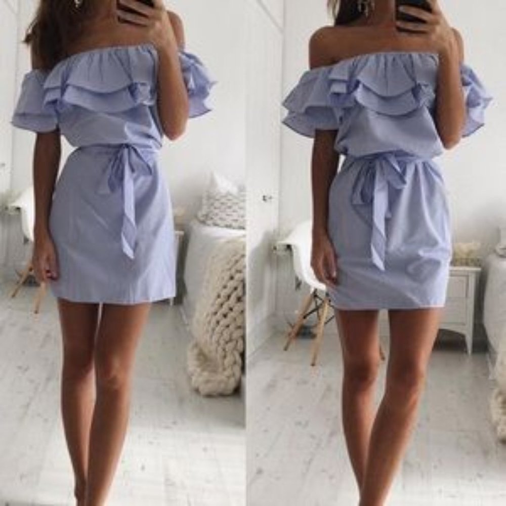 PINSTRIPED OFF SHOULDER DRESS - Picture 2 of 4